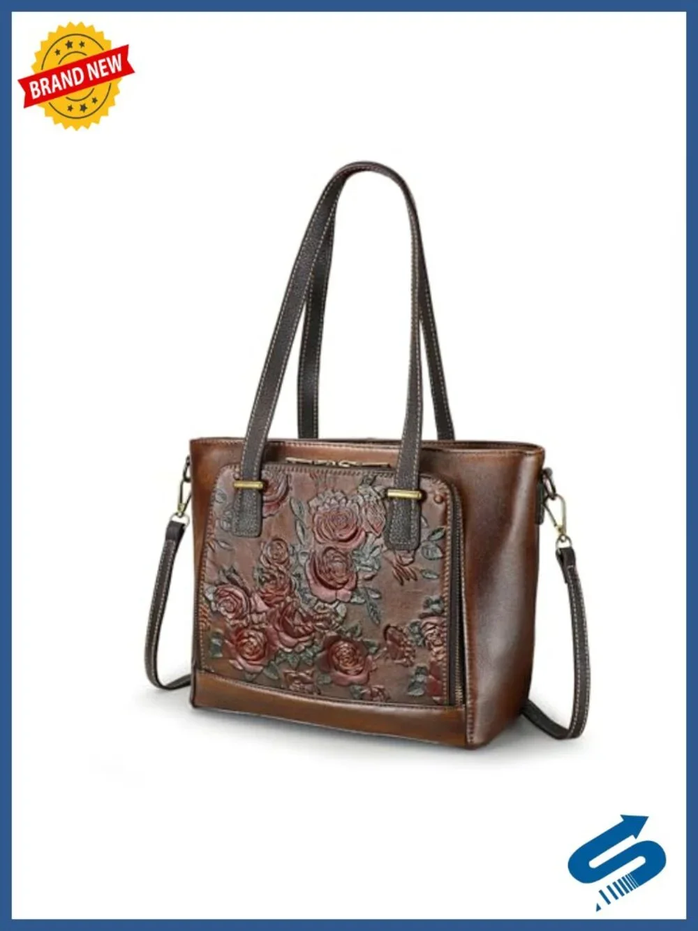 Vintage Leather Crossbody Bag Satchel Handbag Tote with Rose Embossing